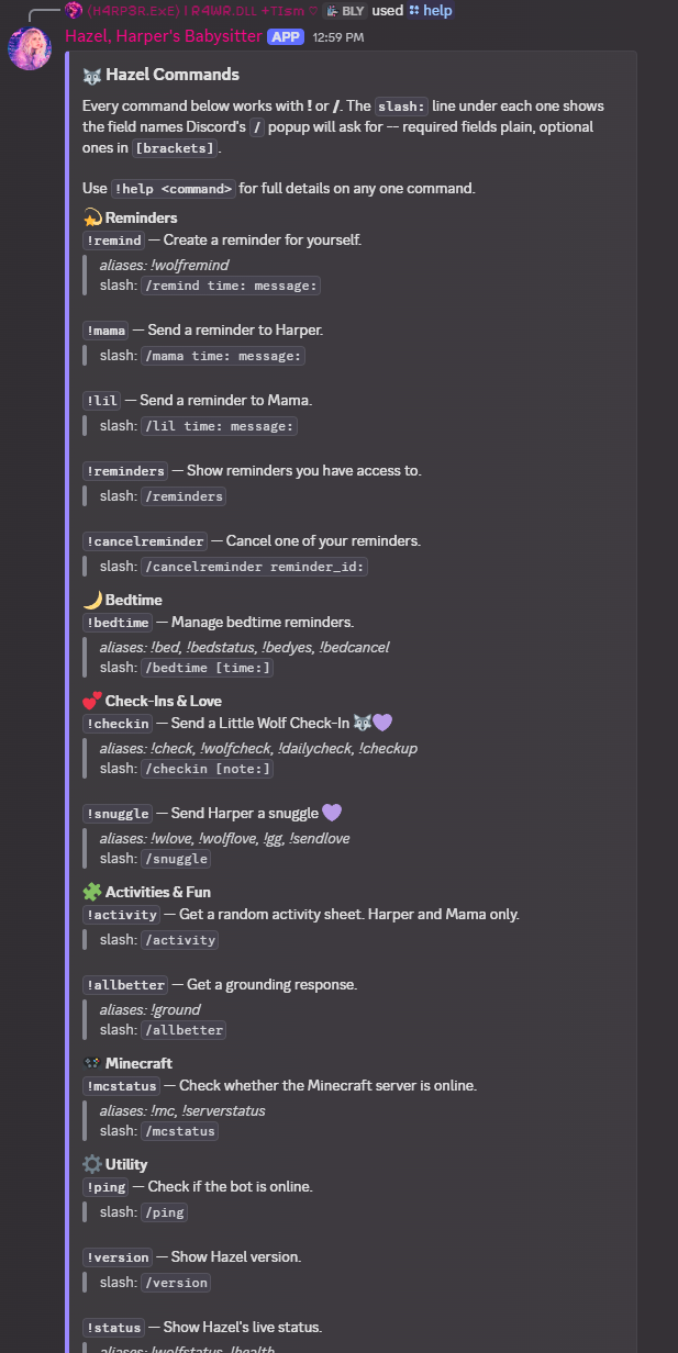 Hazel's categorized help command displayed in Discord